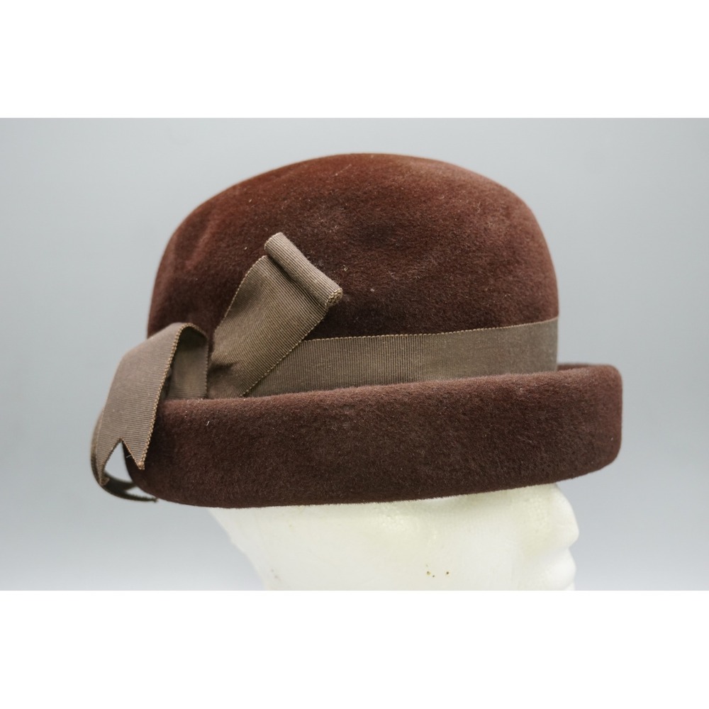 Vintage Peachbloom Velour Merrimac Body Brown Fur Felt Cloche Hat Bow Medium